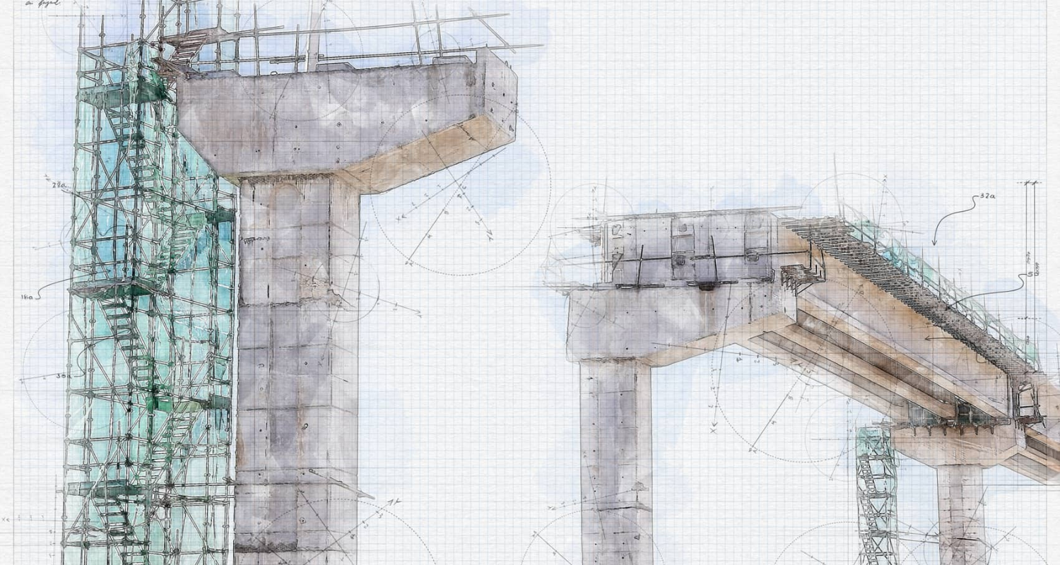 Baustellenkonstruktion mit Betonsäulen, Gerüst und Brückenstruktur vor technischen Bauzeichnungen.